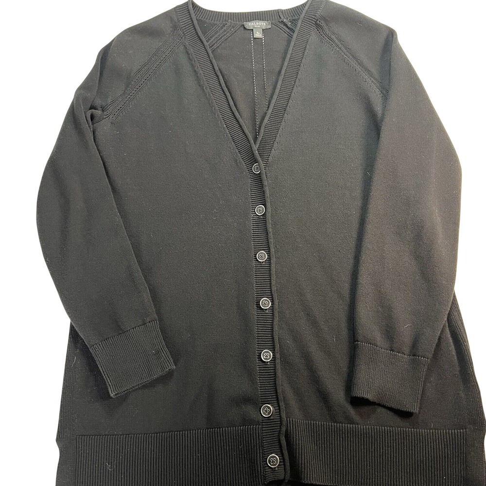 Talbots Petite Black Cotton Rayon V-Neck Button Front Cardigan Sweater SP JO5161
